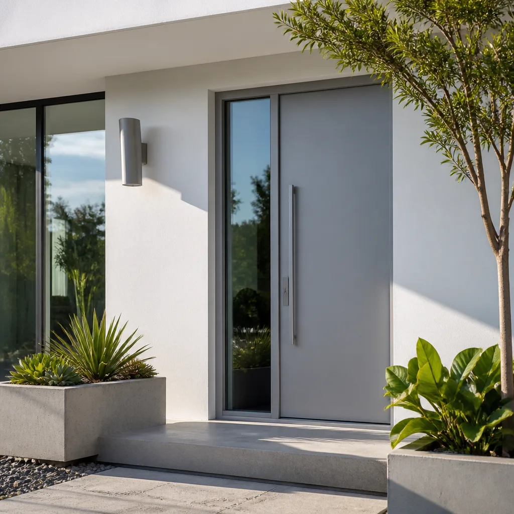 Modern gray entry door with sidelight and vertical handle installed
