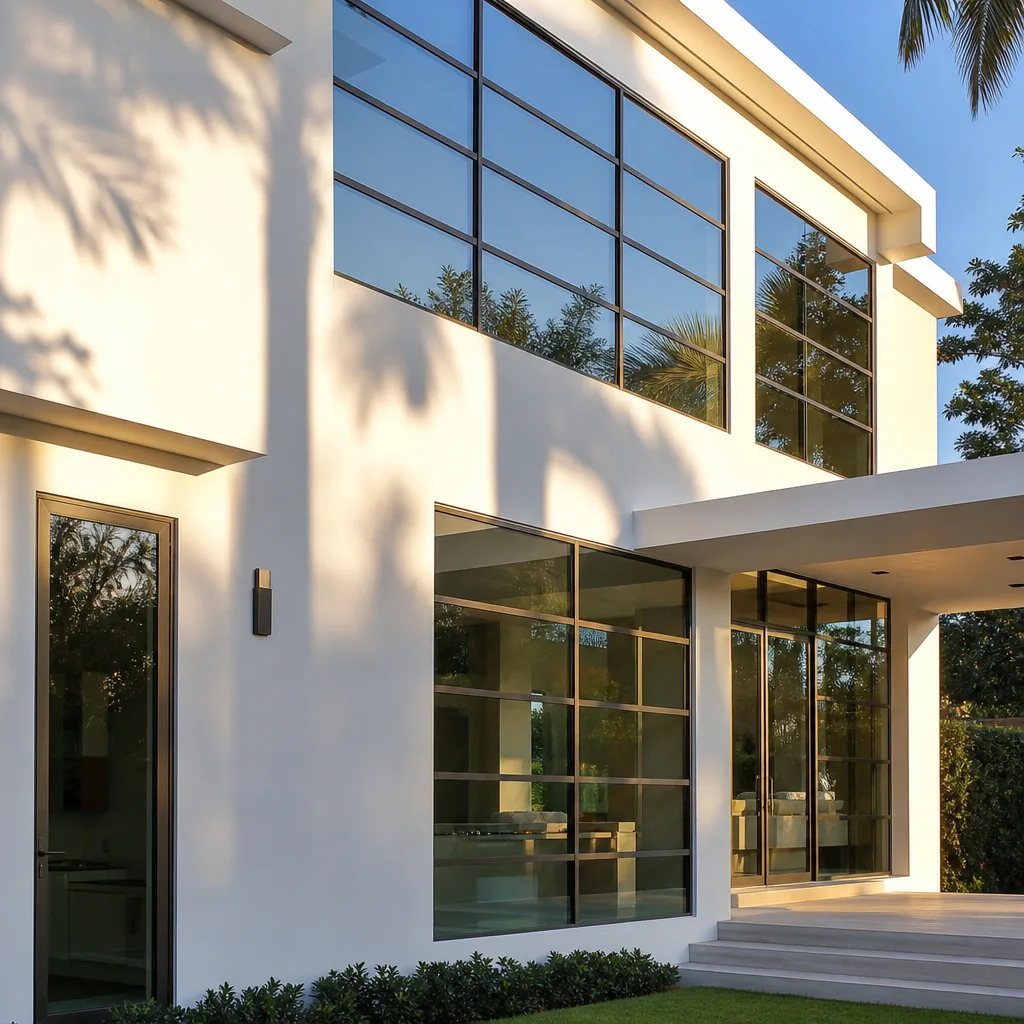 Modern home featuring high-end architectural black-framed window and door installation.