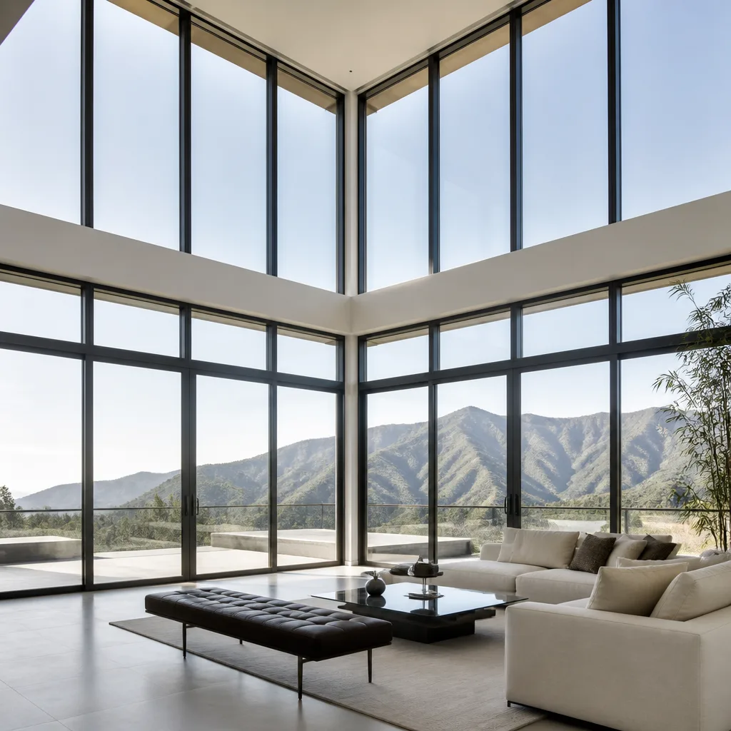 Modern floor-to-ceiling panoramic windows in a luxury living room
