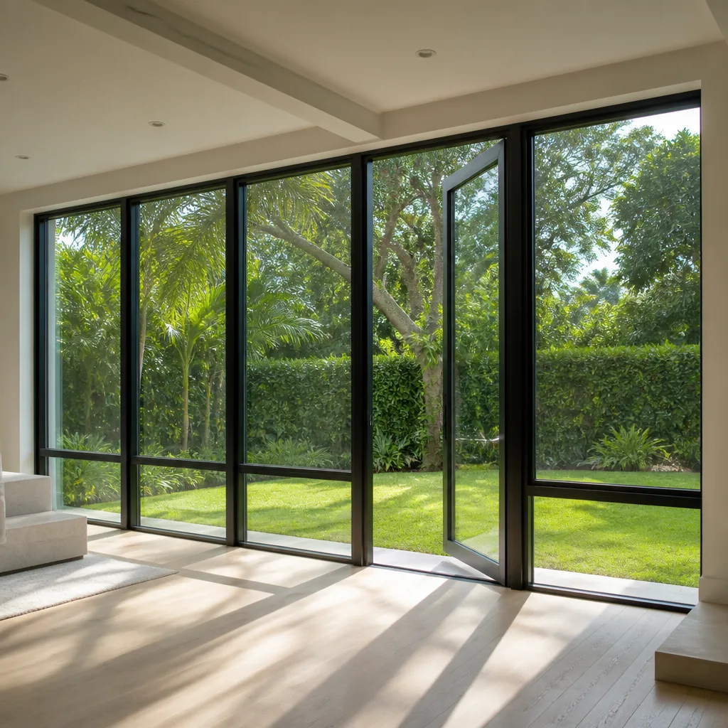 Modern black-framed glass windows and doors overlooking a green garden